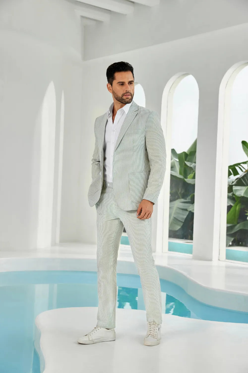 Sage green-white seersucker striped blazer pants 2 piece men's summer suit upgrade version on model
