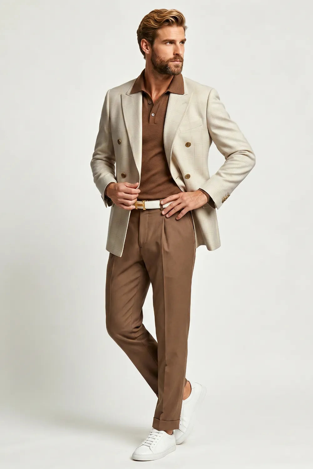 Men's Beige Double Breasted 2 Piece Suit