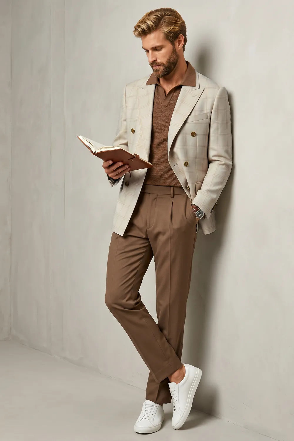 Men's Beige Double Breasted 2 Piece Suit