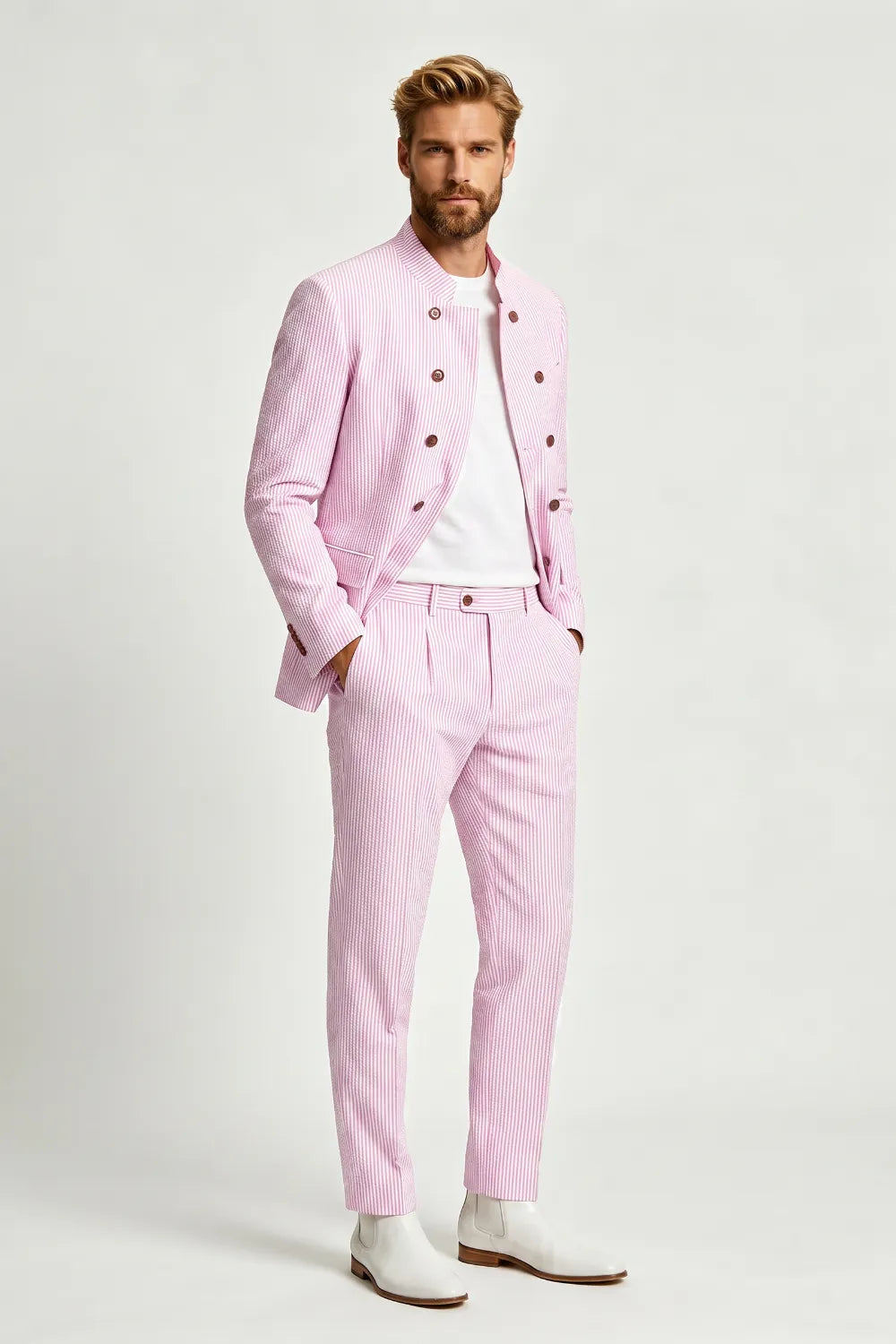 Men's Seersucker Double Breasted 2 Piece Suit