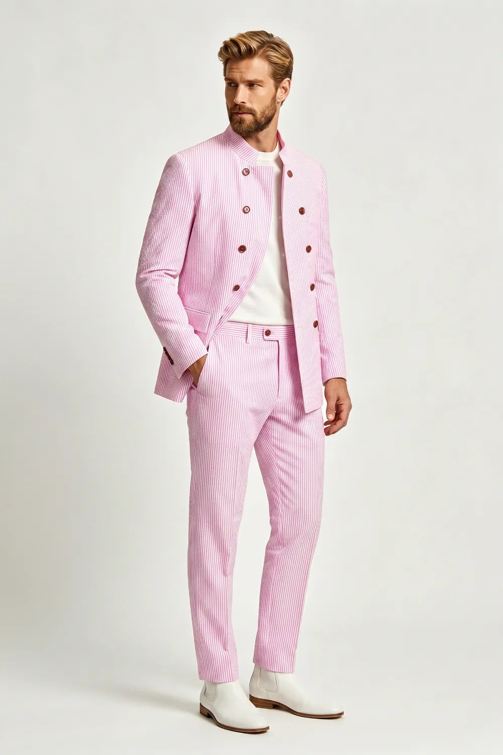 Men's Seersucker Double Breasted 2 Piece Suit