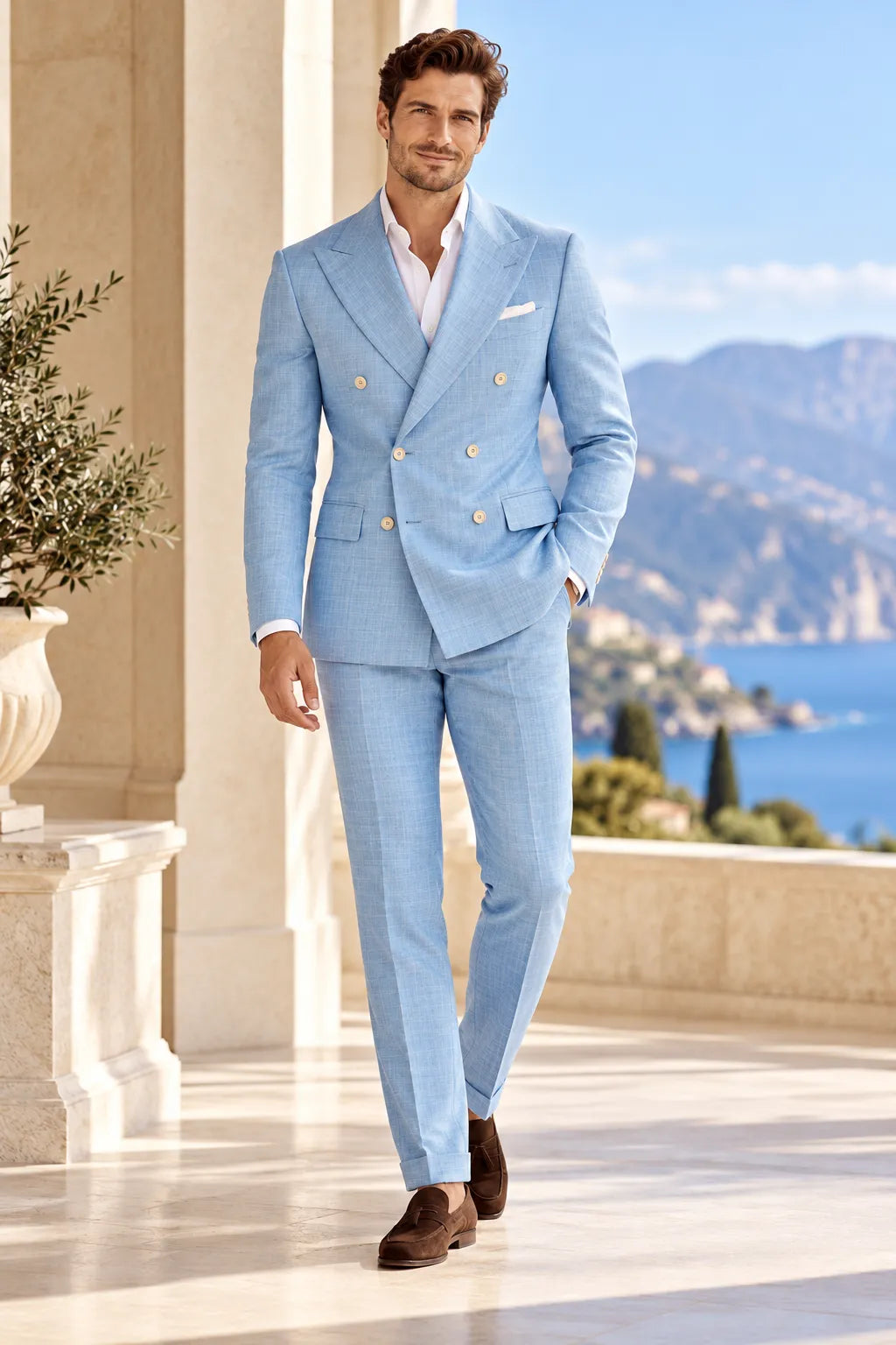 Men's Light Blue Double Breasted Spring Wedding 2 Piece Suit
