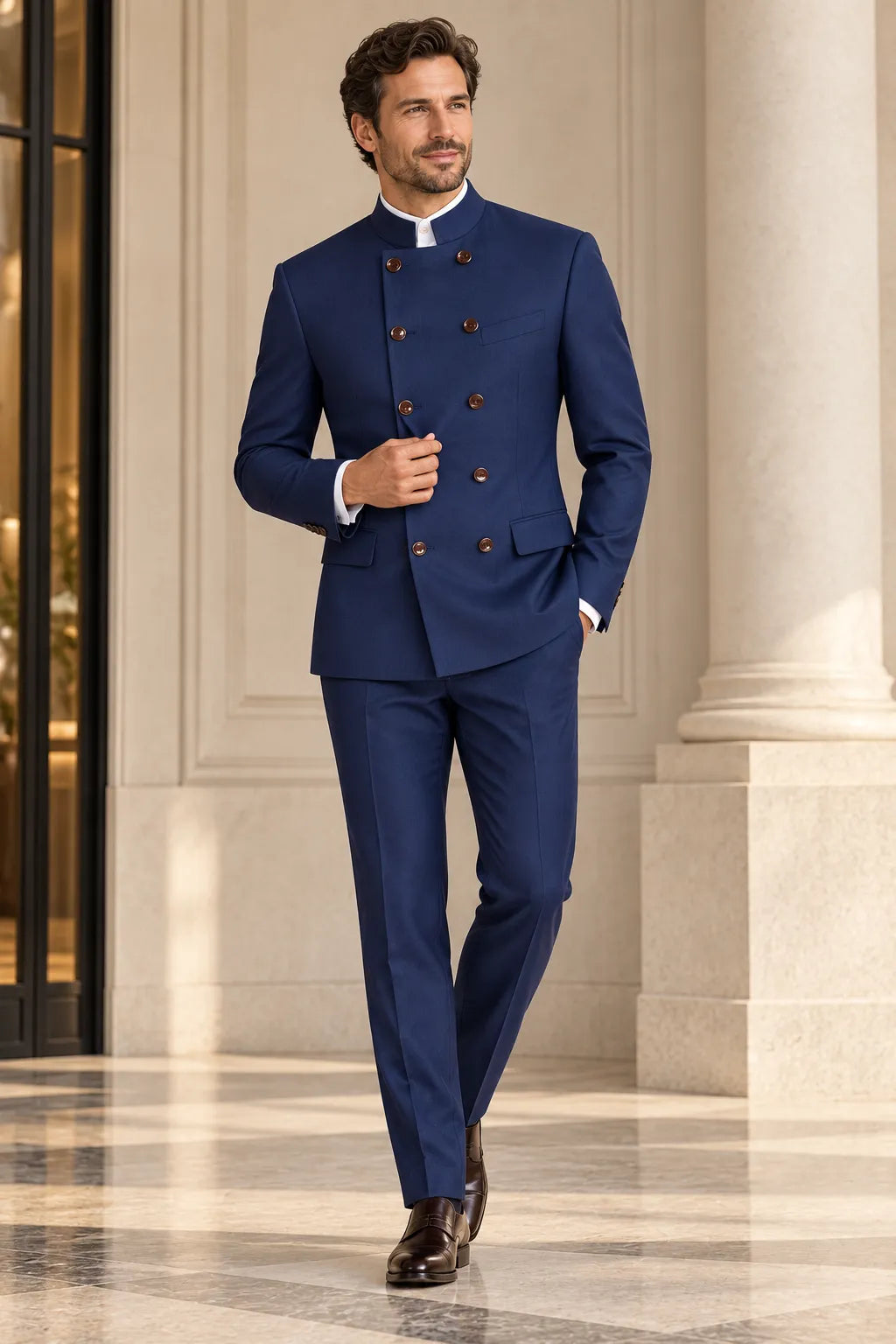 Men's Royal Blue Stand Collar 2 Piece Suits
