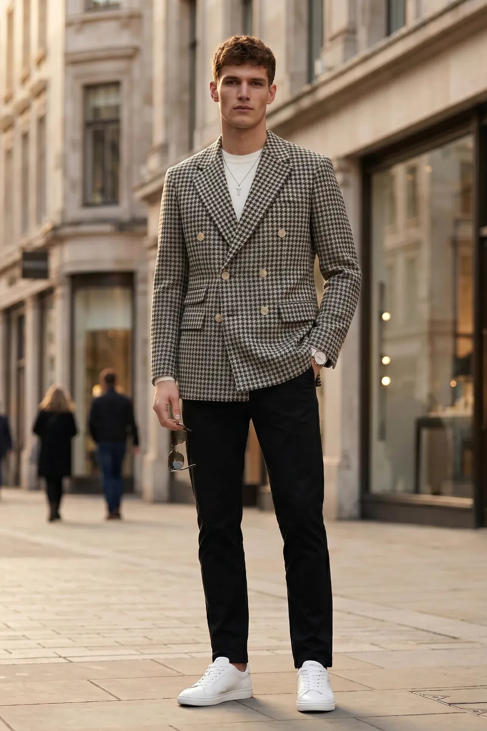 Men's Black Houndstooth Double-Breasted 2 Piece Suit