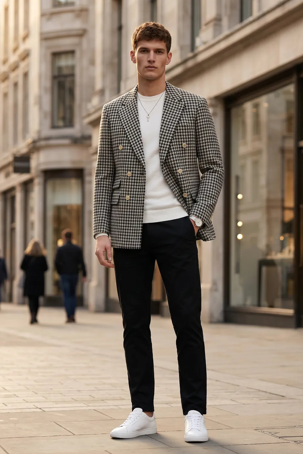 Men's Black Houndstooth Double-Breasted 2 Piece Suit