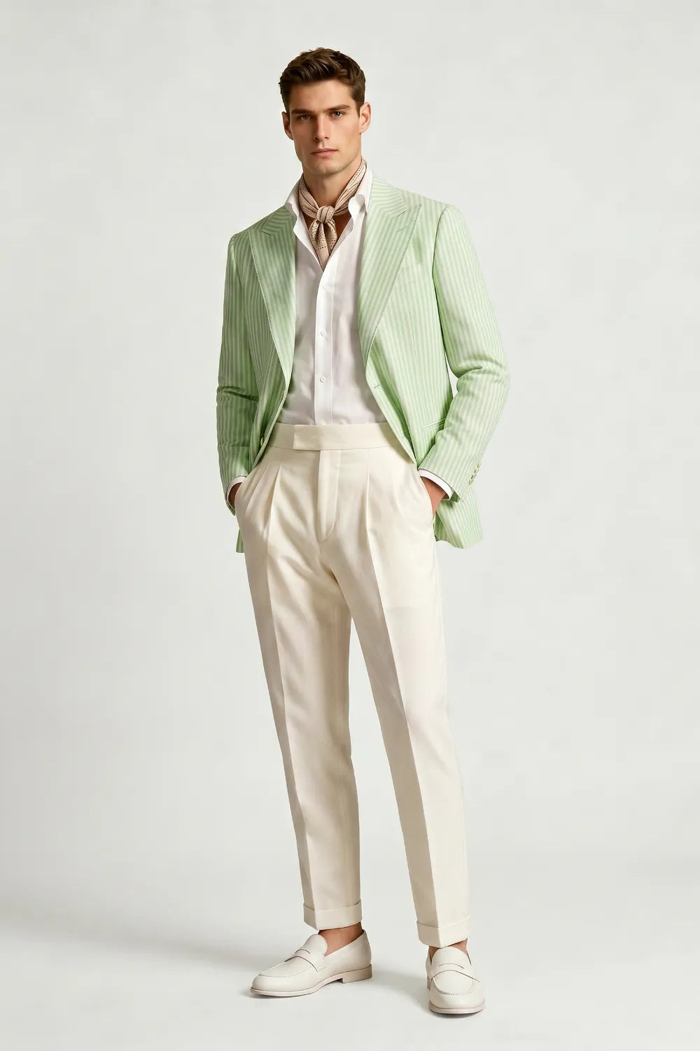 Men's Light Green Striped Peak Lapel Seersucker Blazer
