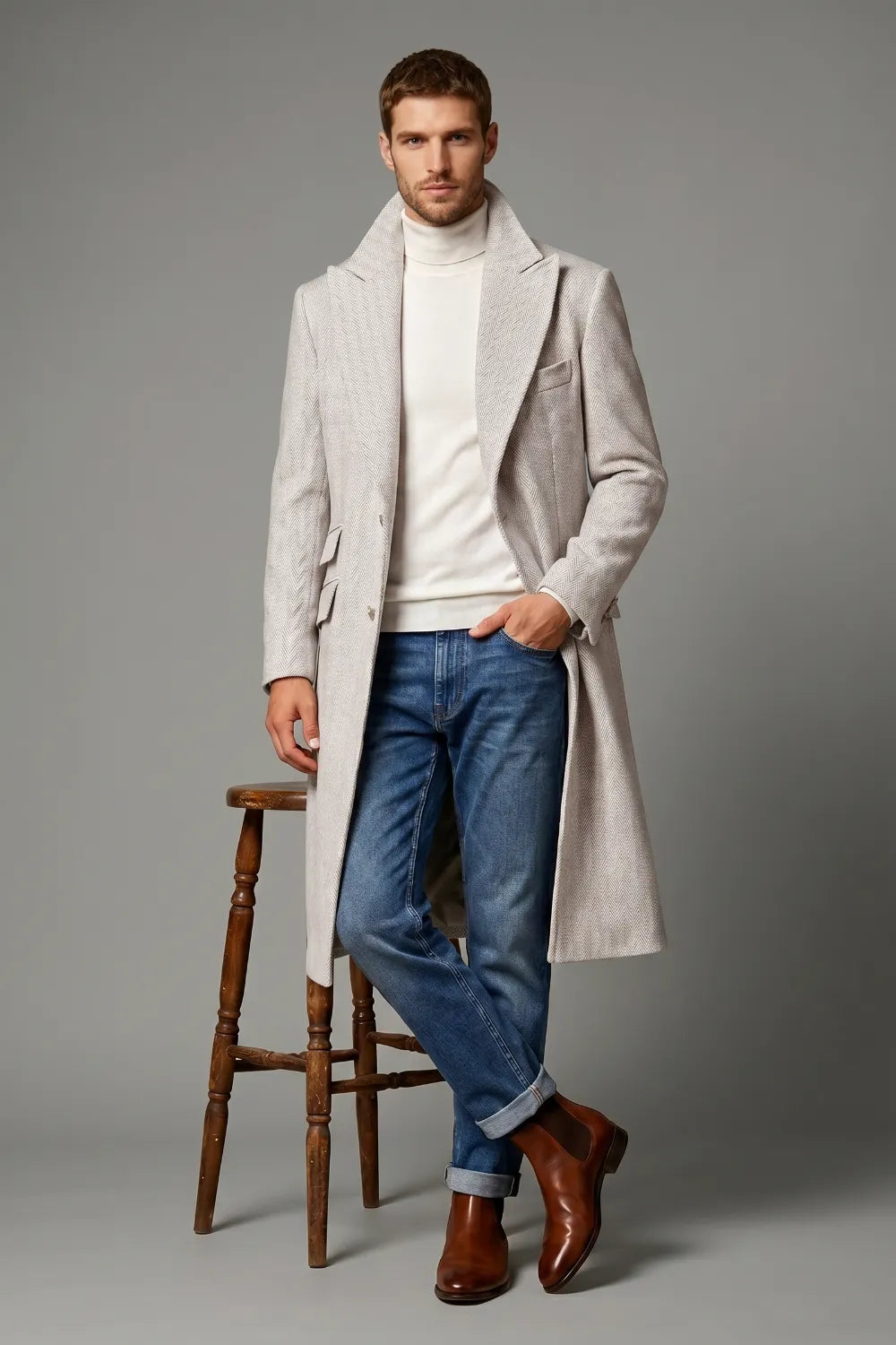 Men's Light Grey Herringbone Wool Blend Overcoat