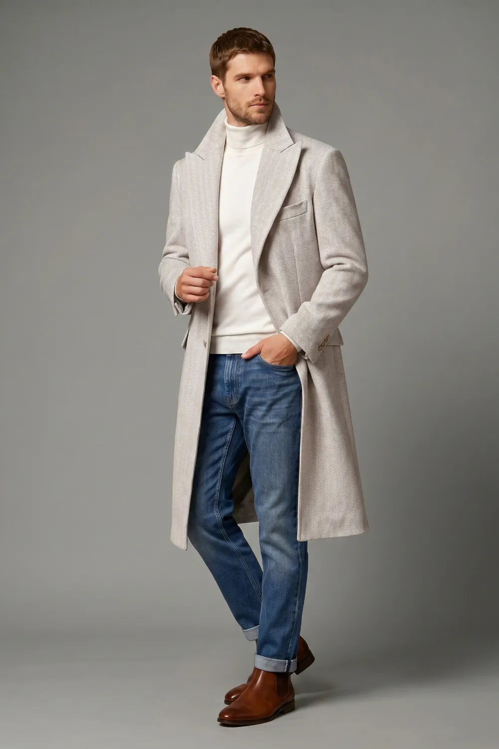 Men's Light Grey Herringbone Wool Blend Overcoat