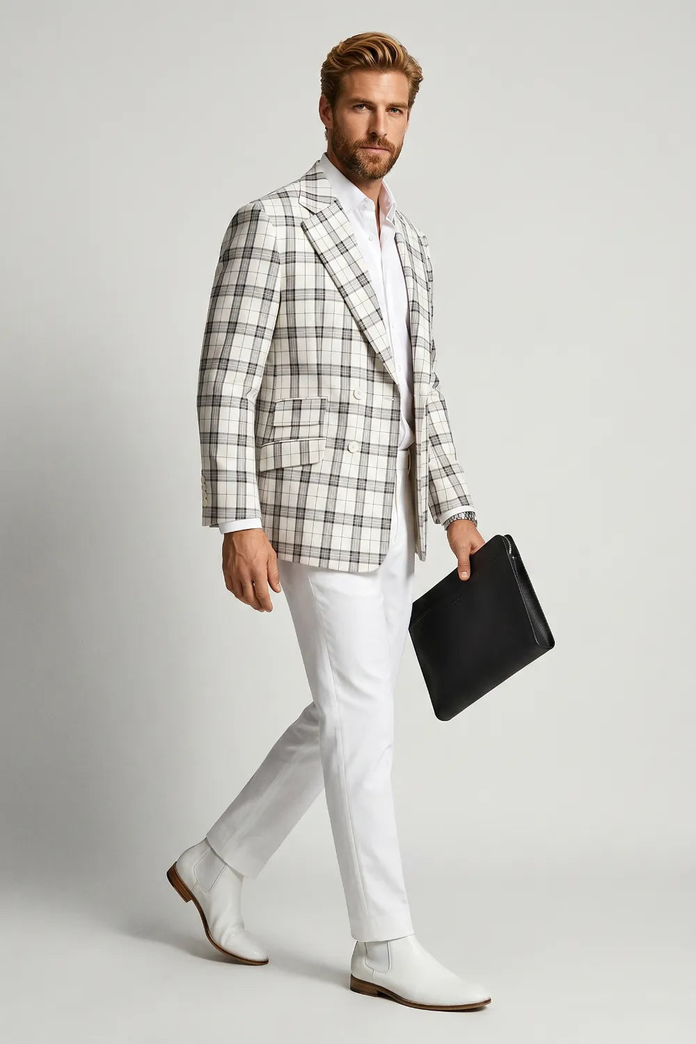 Men's Modern White Plaid 2 Piece Suit