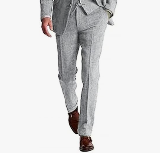 Silver herringbone formal pants for men – vintage-inspired slim tuxedo trousers with classic tailoring