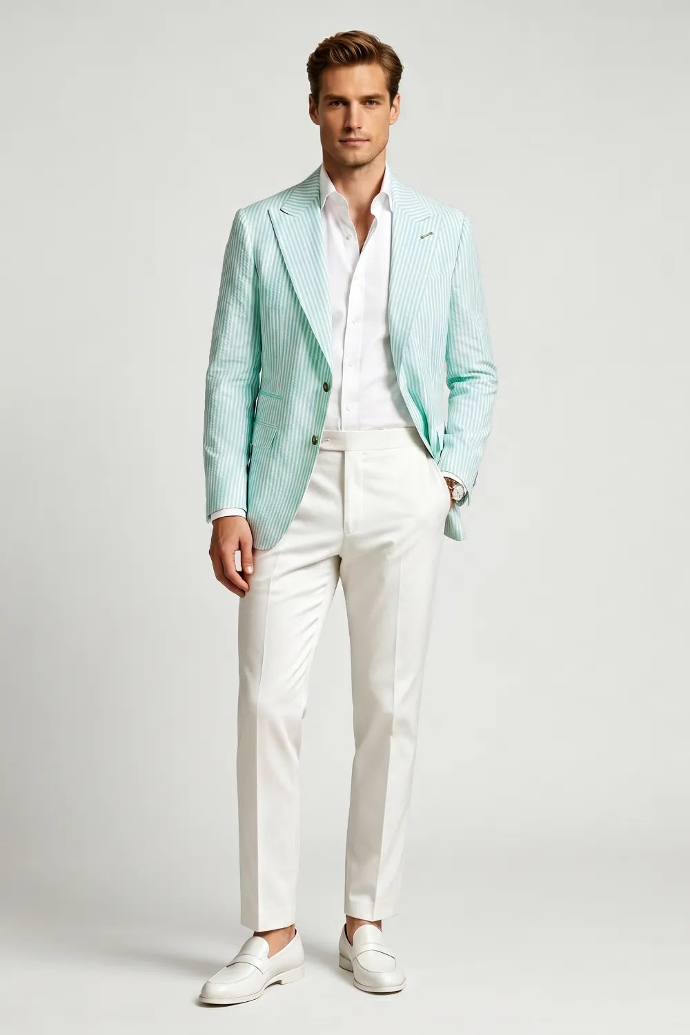 Men's Mint Green Striped Peak Lapel Seersucker Blazer