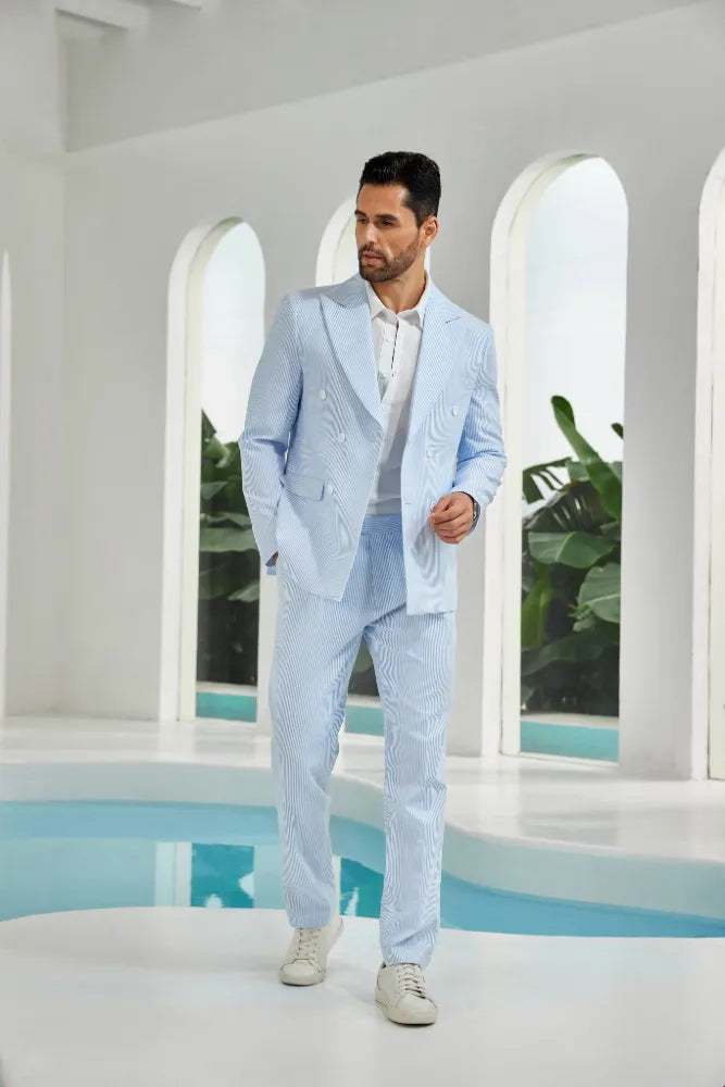 Model wearing sky blue seersucker two-piece suit with double-breasted blazer