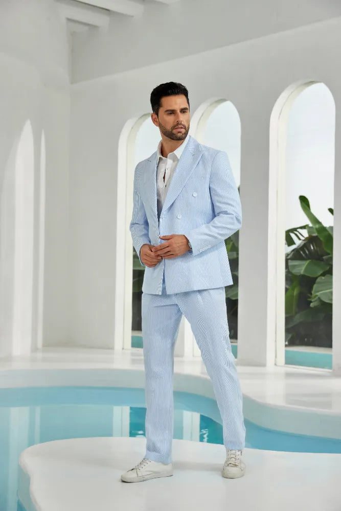 Side view of sky blue striped seersucker double-breasted men's summer suit