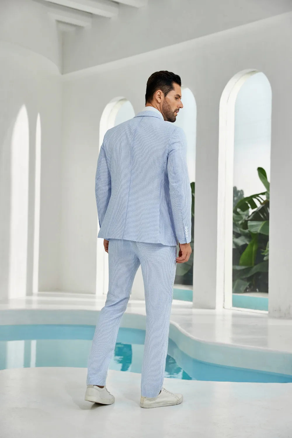 Sky blue-white seersucker striped blazer pants 2 piece men's summer suit upgrade version back display