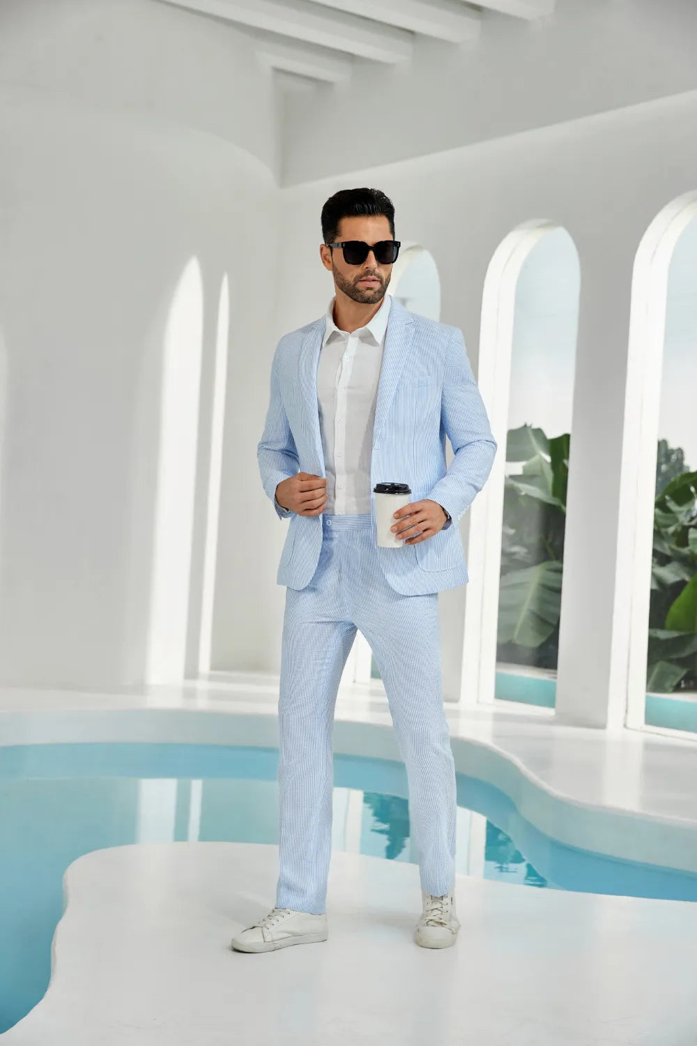 Sky blue-white seersucker striped blazer pants 2 piece men's summer suit upgrade version side display