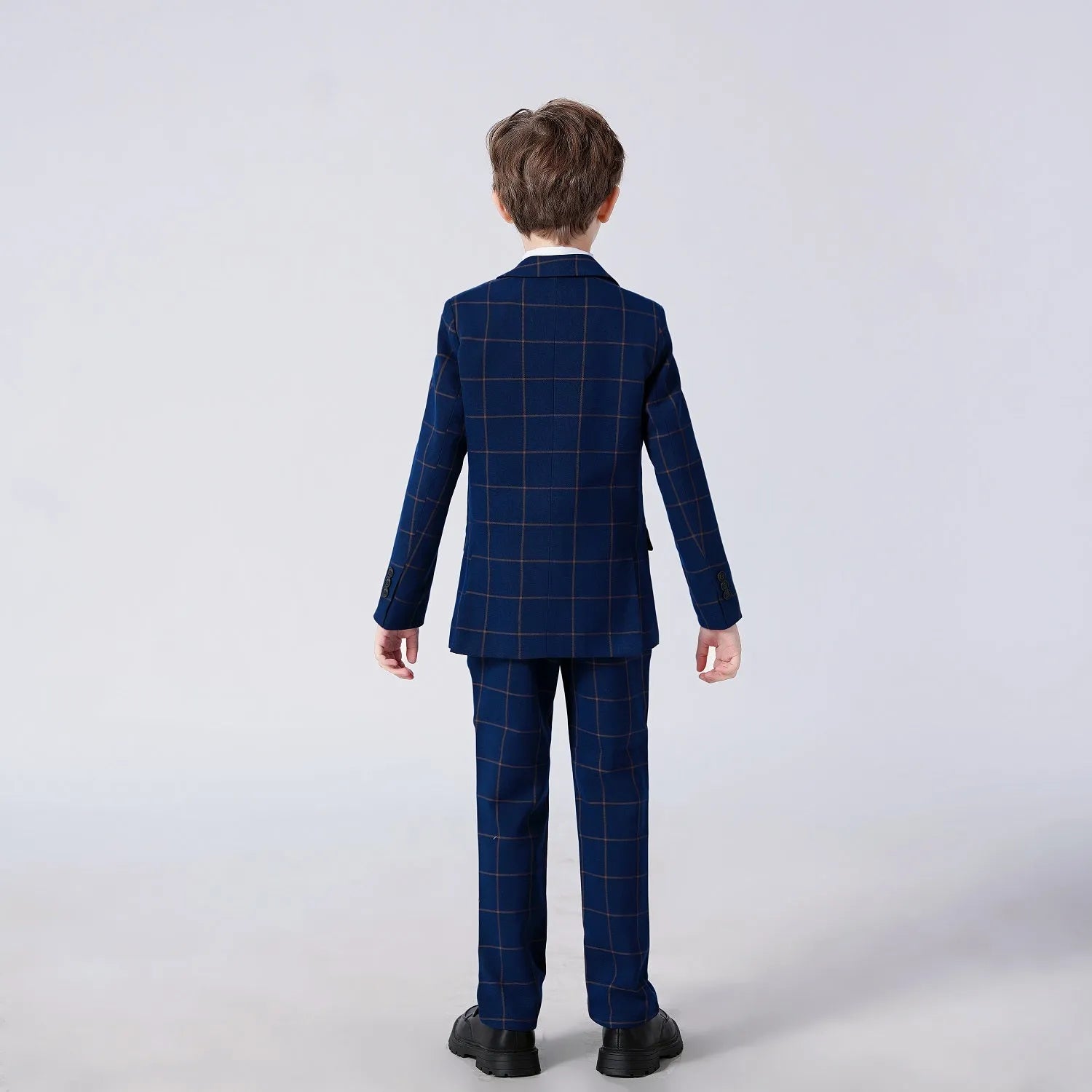 Blue plaid boys 5-piece suit back view: Formal wedding & party outfit with checked pattern
