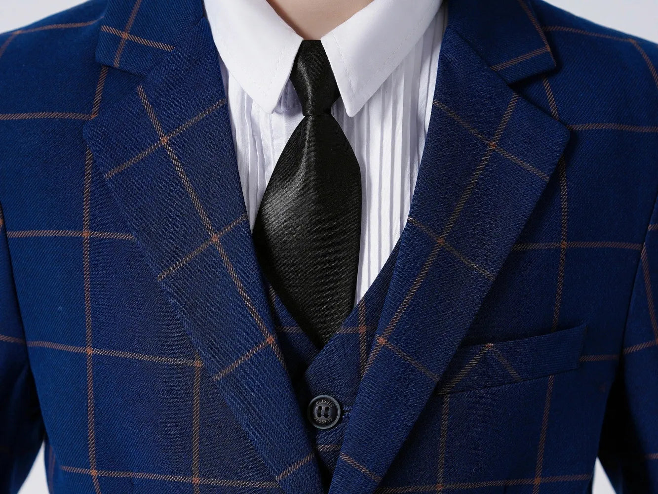 Blue plaid boys 5-piece suit collar detail: Formal wedding & party outfit with black tie