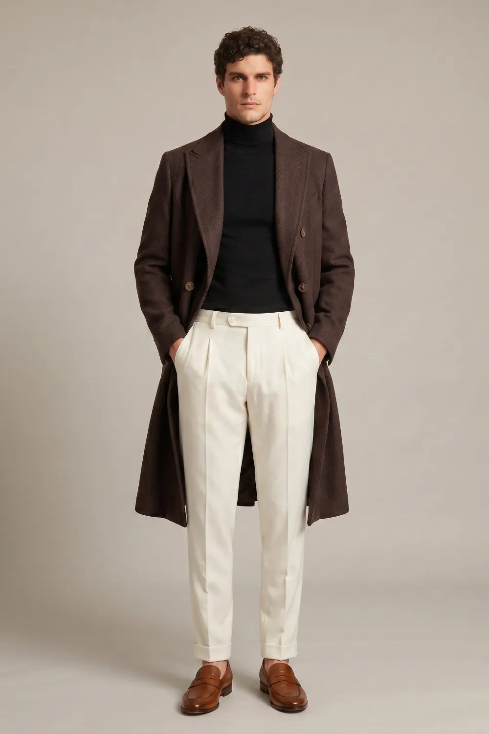 Men's Dark Brown Herringbone Wool Blend Double Breasted Overcoat
