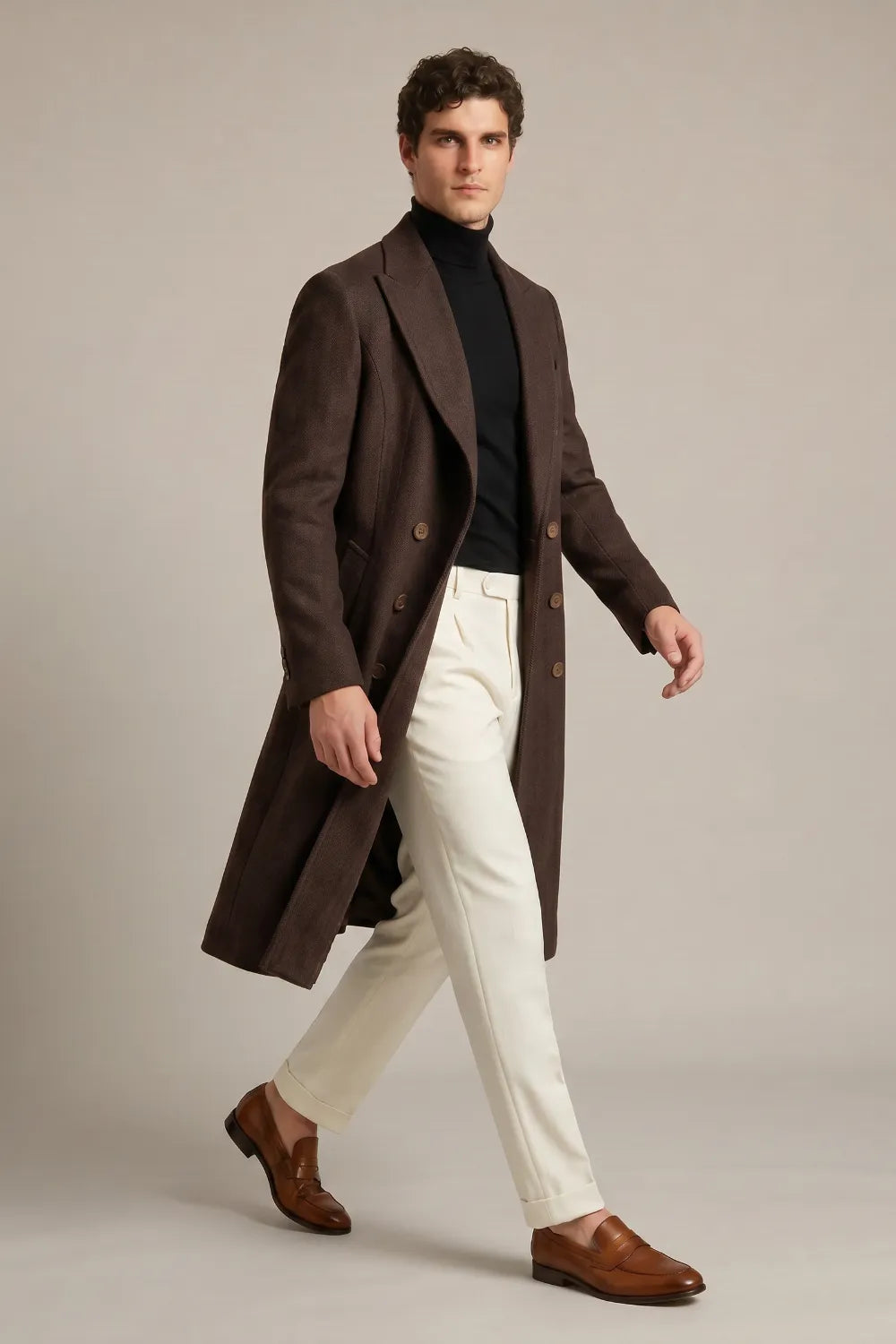 Men's Dark Brown Herringbone Wool Blend Double Breasted Overcoat
