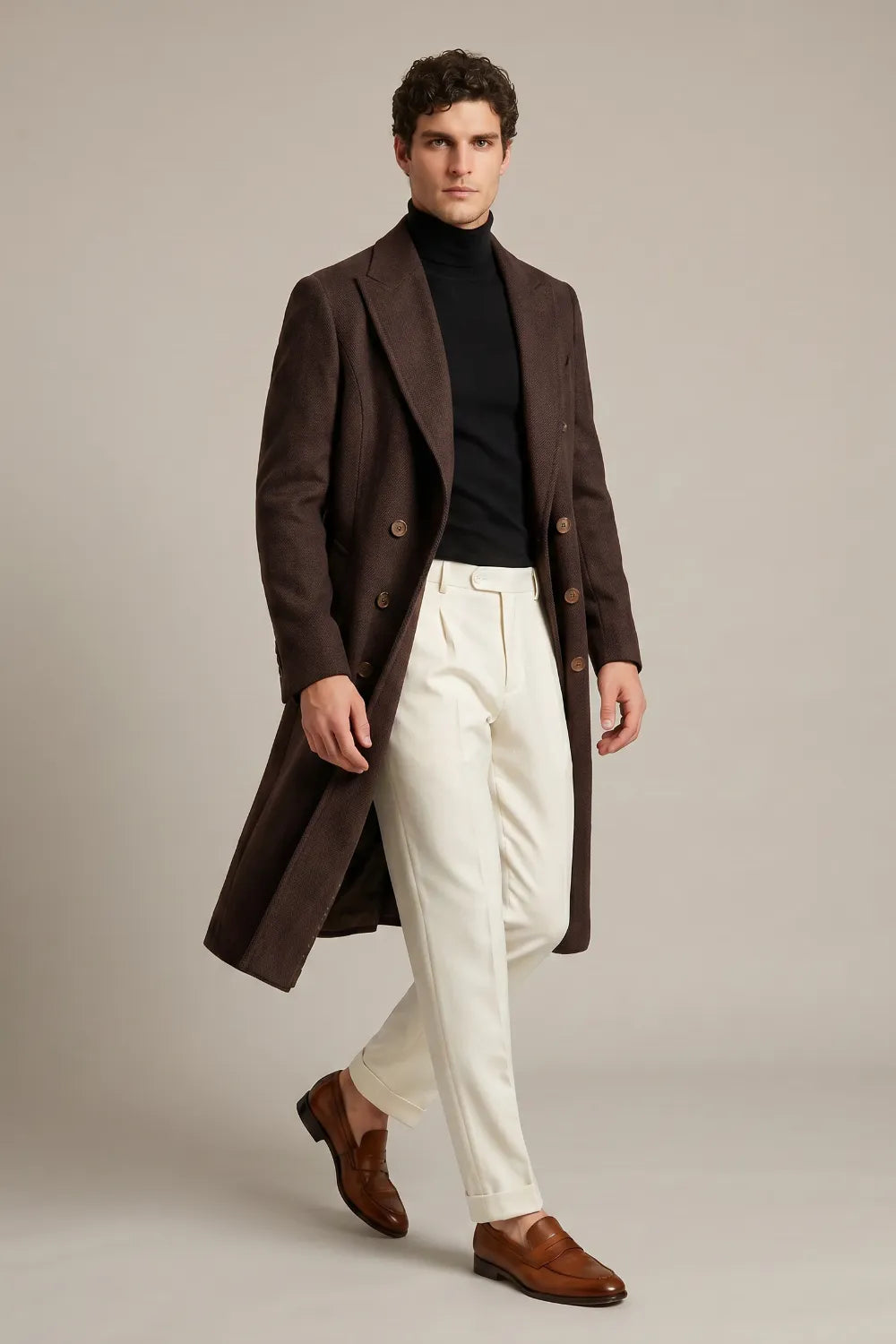 Men's Dark Brown Herringbone Wool Blend Double Breasted Overcoat