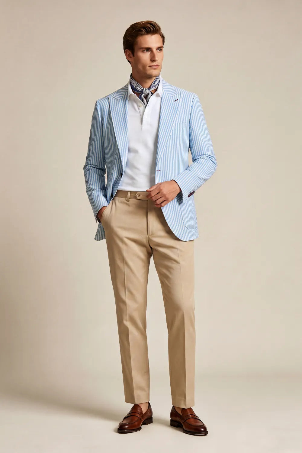 Men's Light Blue Striped Seersucker Peak Lapel 2 Piece Suit