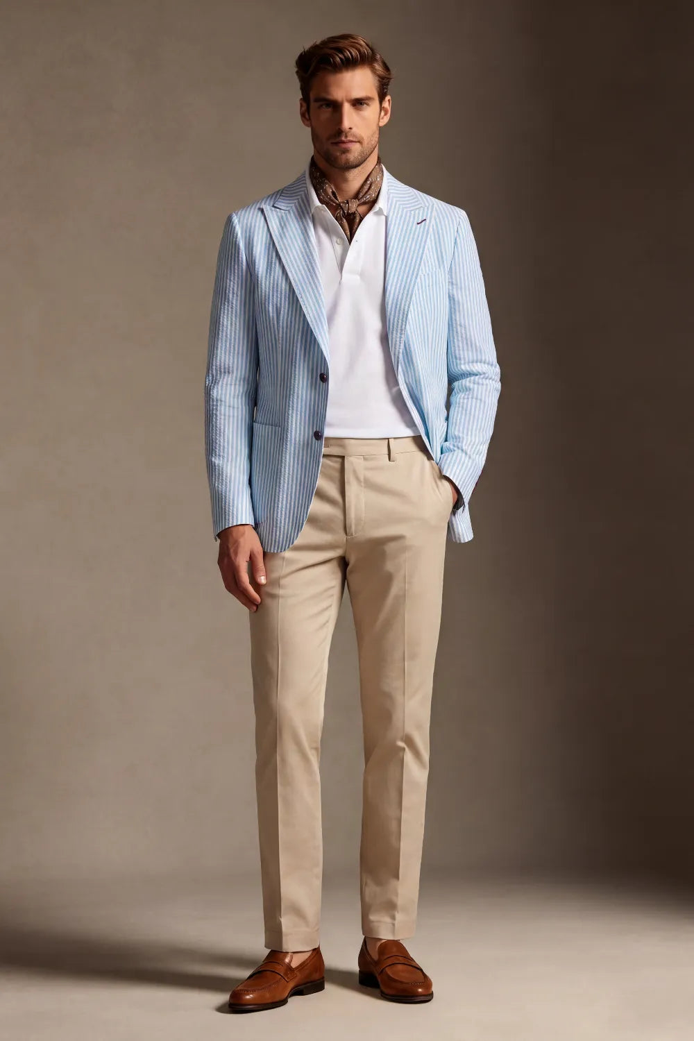 Men's Light Blue Striped Seersucker Peak Lapel 2 Piece Suit