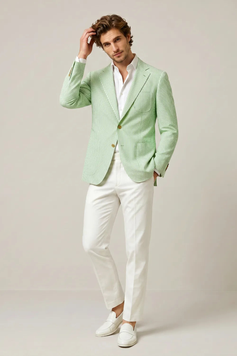 Men's Light Green Striped Notch Lapel Seersucker Blazer