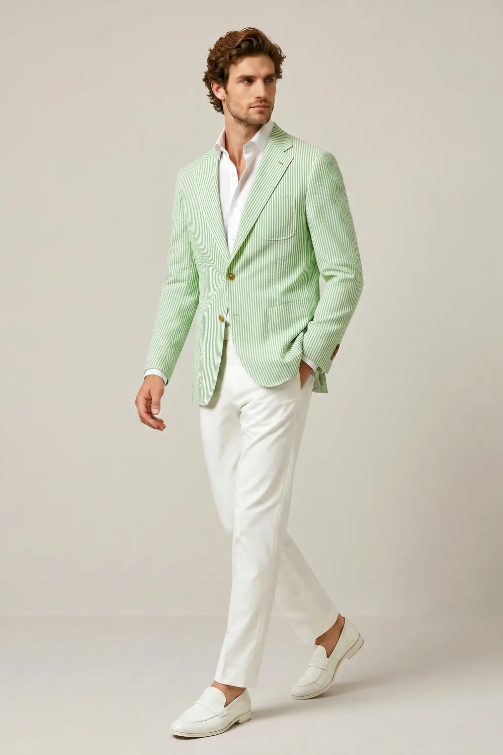 Men's Light Green Striped Notch Lapel Seersucker Blazer
