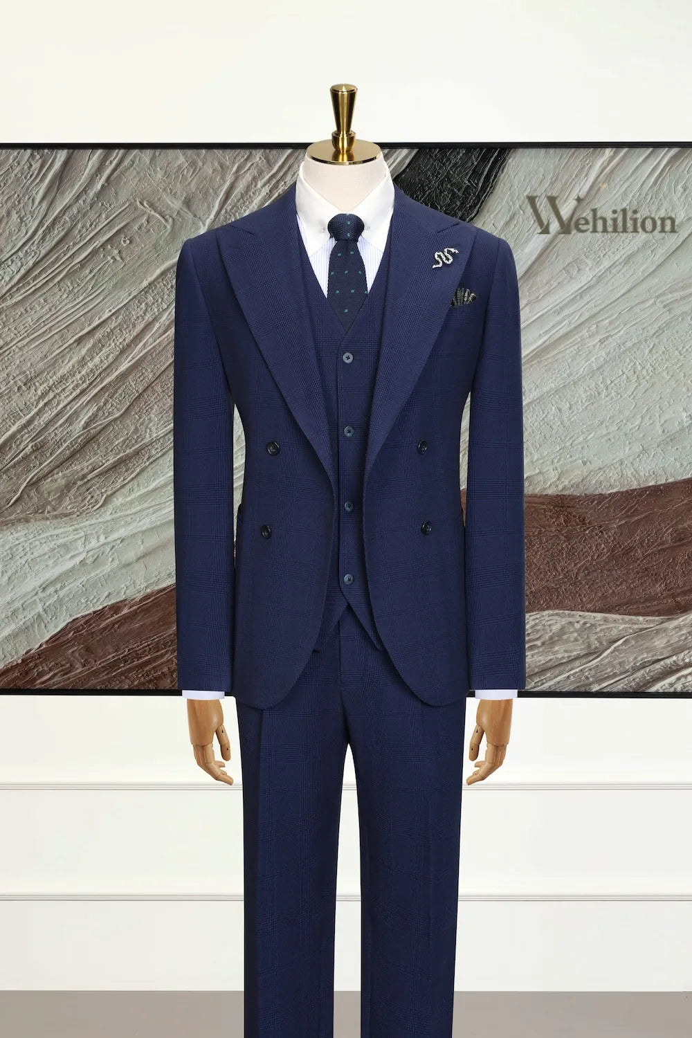 Men's Classic Navy Check 3 Piece Suits