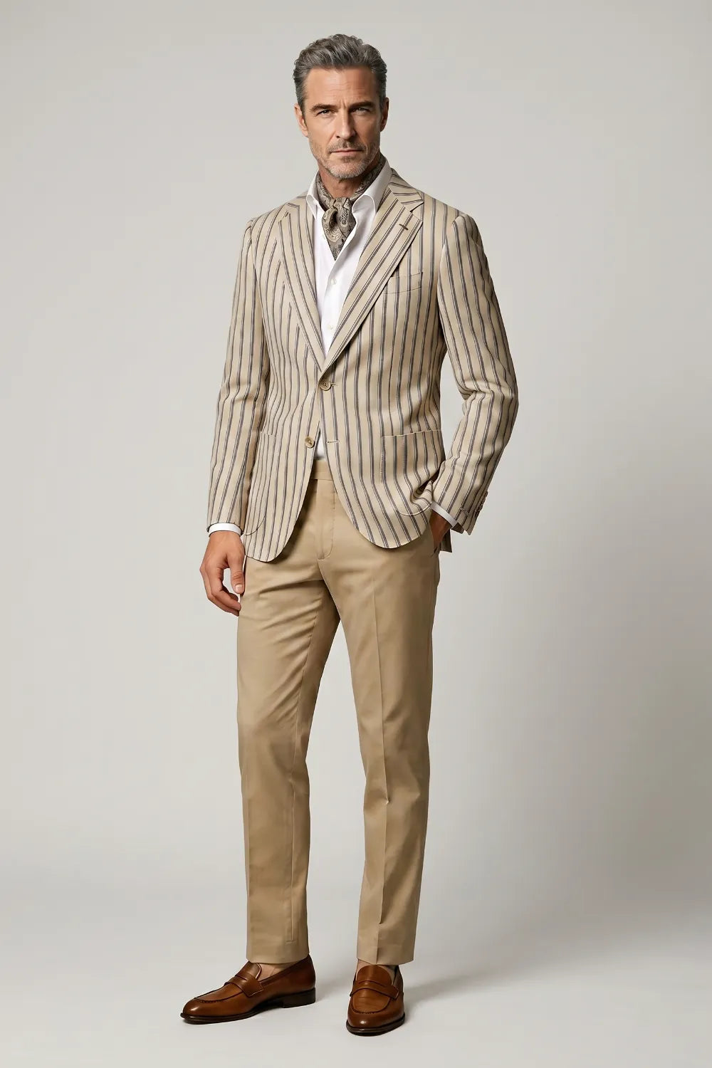 Men's Beige Striped Notch Lapel Slim Fit Blazer