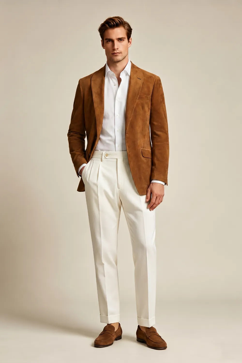 Men's Cognac Brown Suede Shawl Lapel 2 Piece Suit