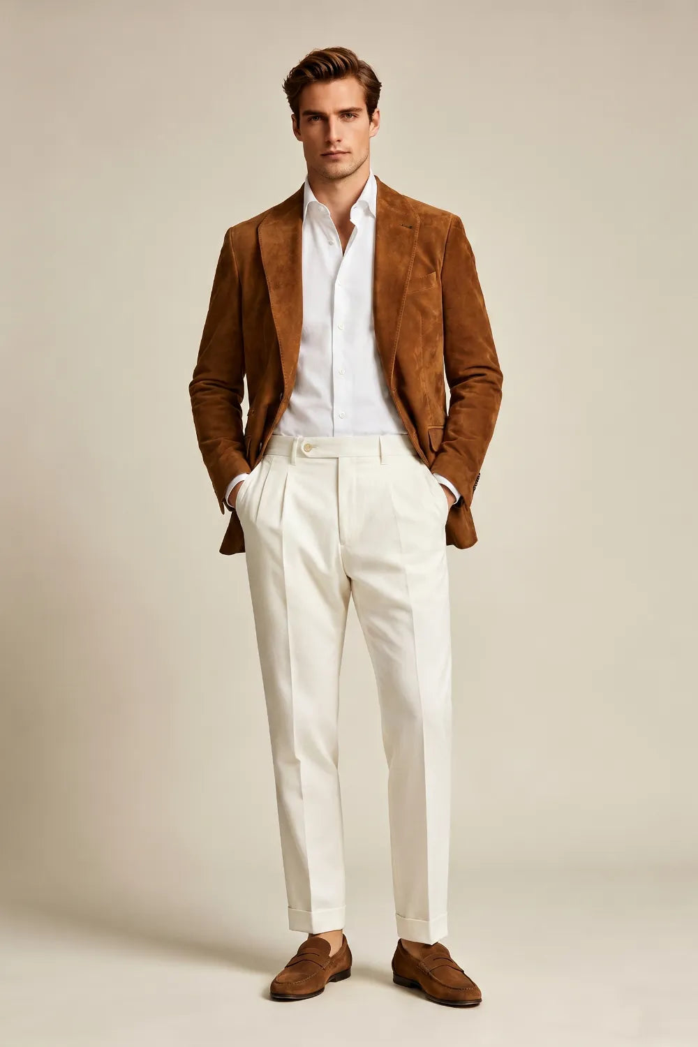 Men's Cognac Brown Suede Shawl Lapel 2 Piece Suit