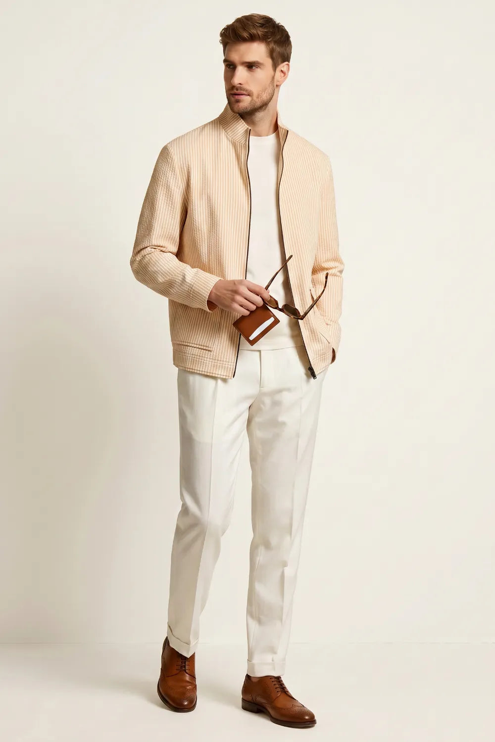 Men's Orange Striped Stand Collar Seersucker Zip Up Jacket