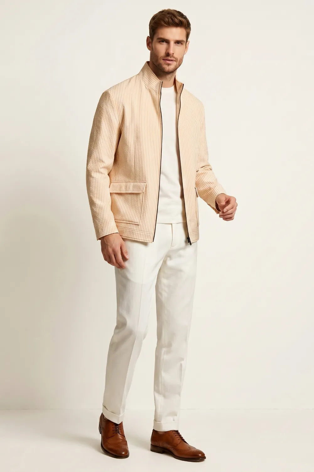 Men's Orange Striped Stand Collar Seersucker Zip Up Jacket