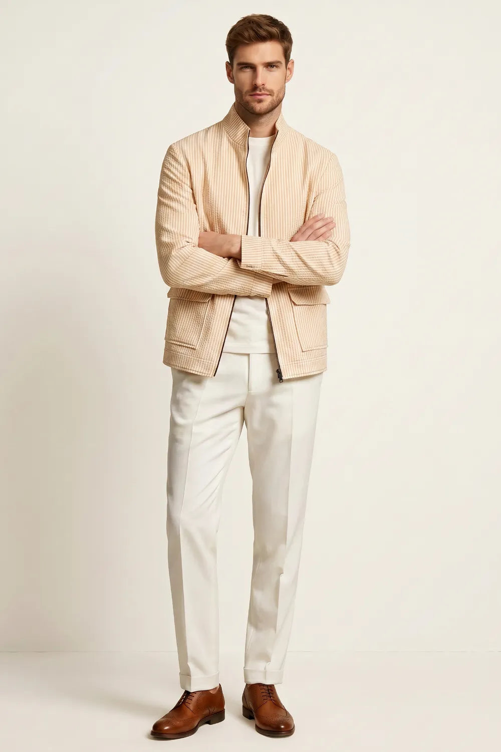 Men's Orange Striped Stand Collar Seersucker Zip Up Jacket