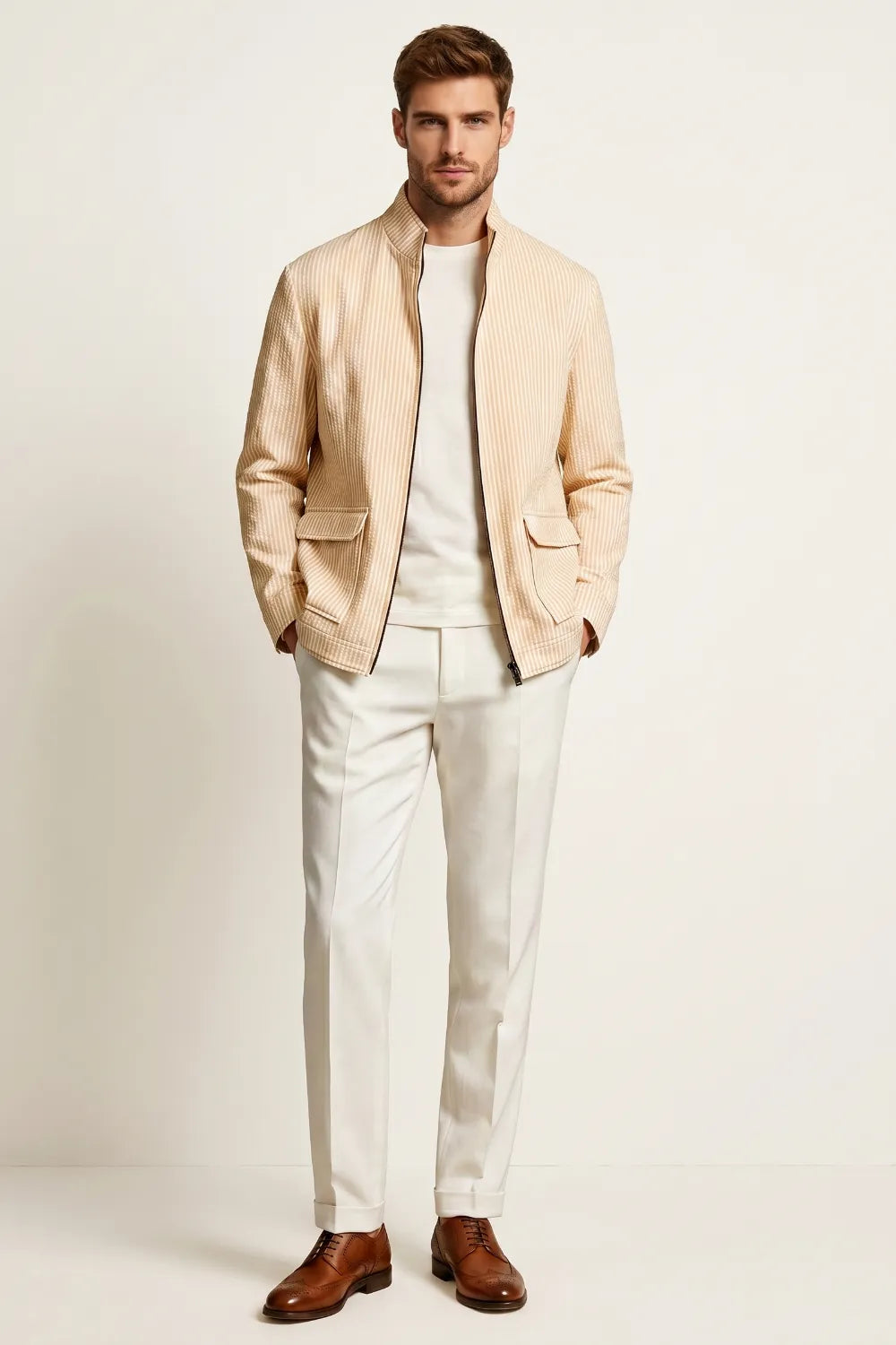 Men's Orange Striped Stand Collar Seersucker Zip Up Jacket