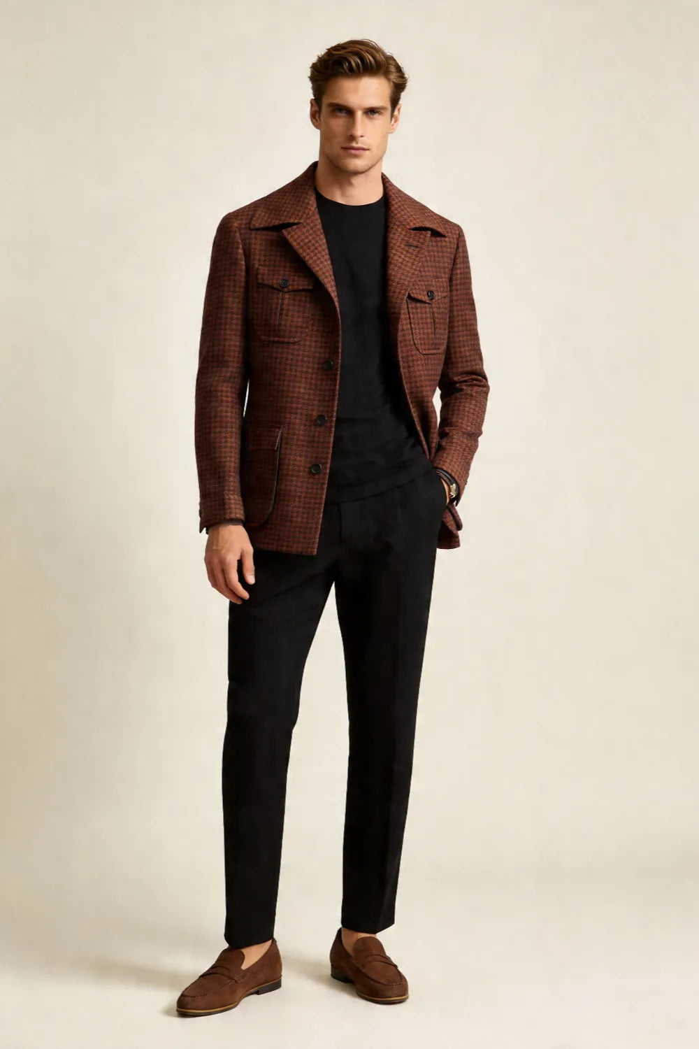 Men's Rust Brown Houndstooth Wide Lapel 2 Piece Suit