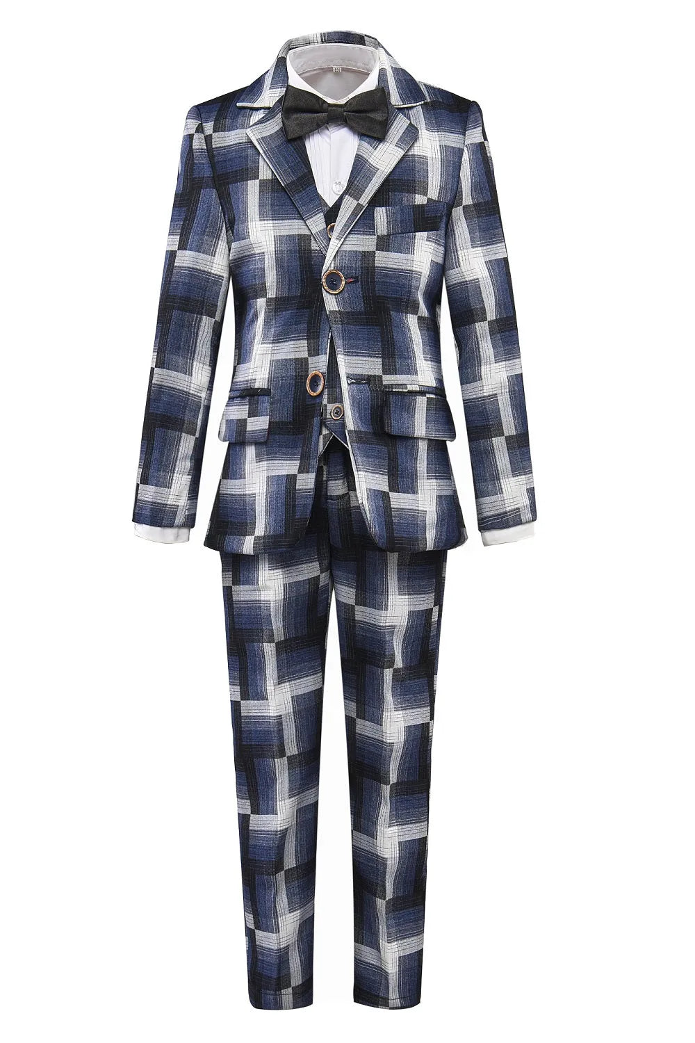Black and grey plaid 5-piece boys suit with bow tie – stylish formal outfit for banquets or parties