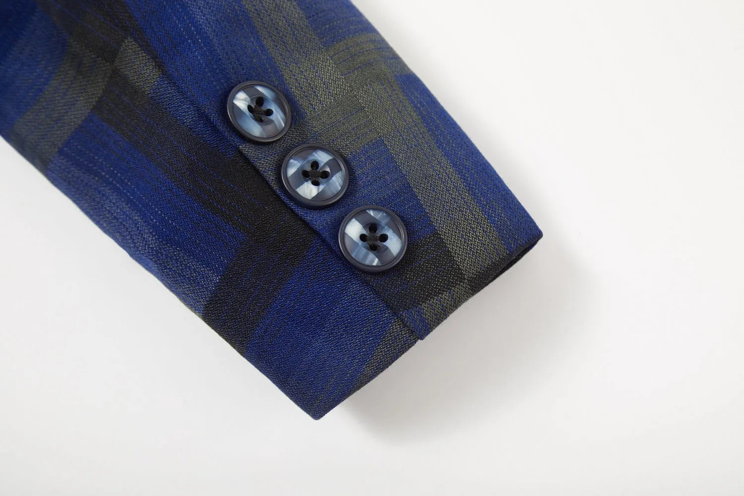 Blue boys' jacquard plaid 5-piece formal suit: Unique patterned cuff detail, stylish banquet party wear with tailored fit