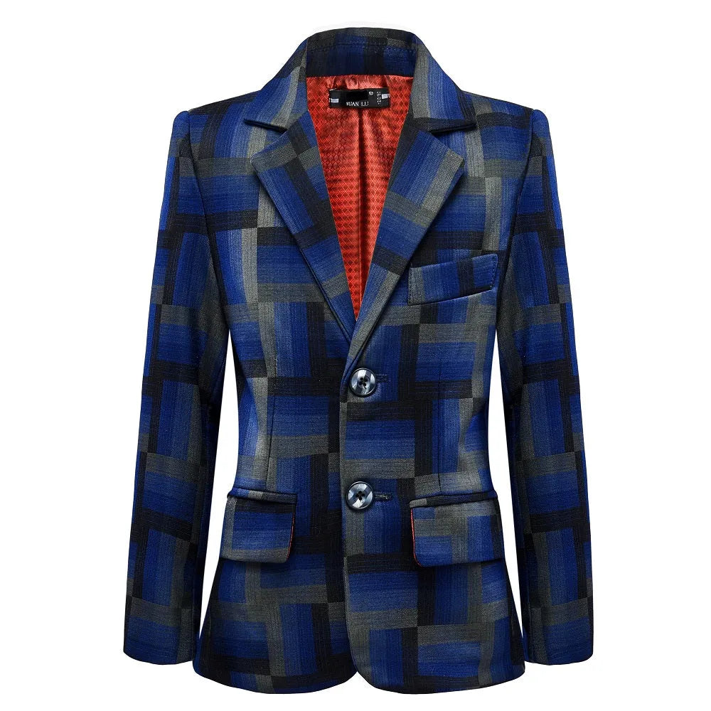 Boys' blue grid print suit jacket with two buttons and red lining – formal blazer for party or wedding events
