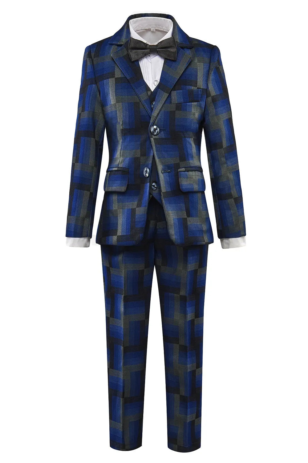 Boys' blue geometric print 5-piece suit with bow tie – stylish formal outfit for summer weddings or parties