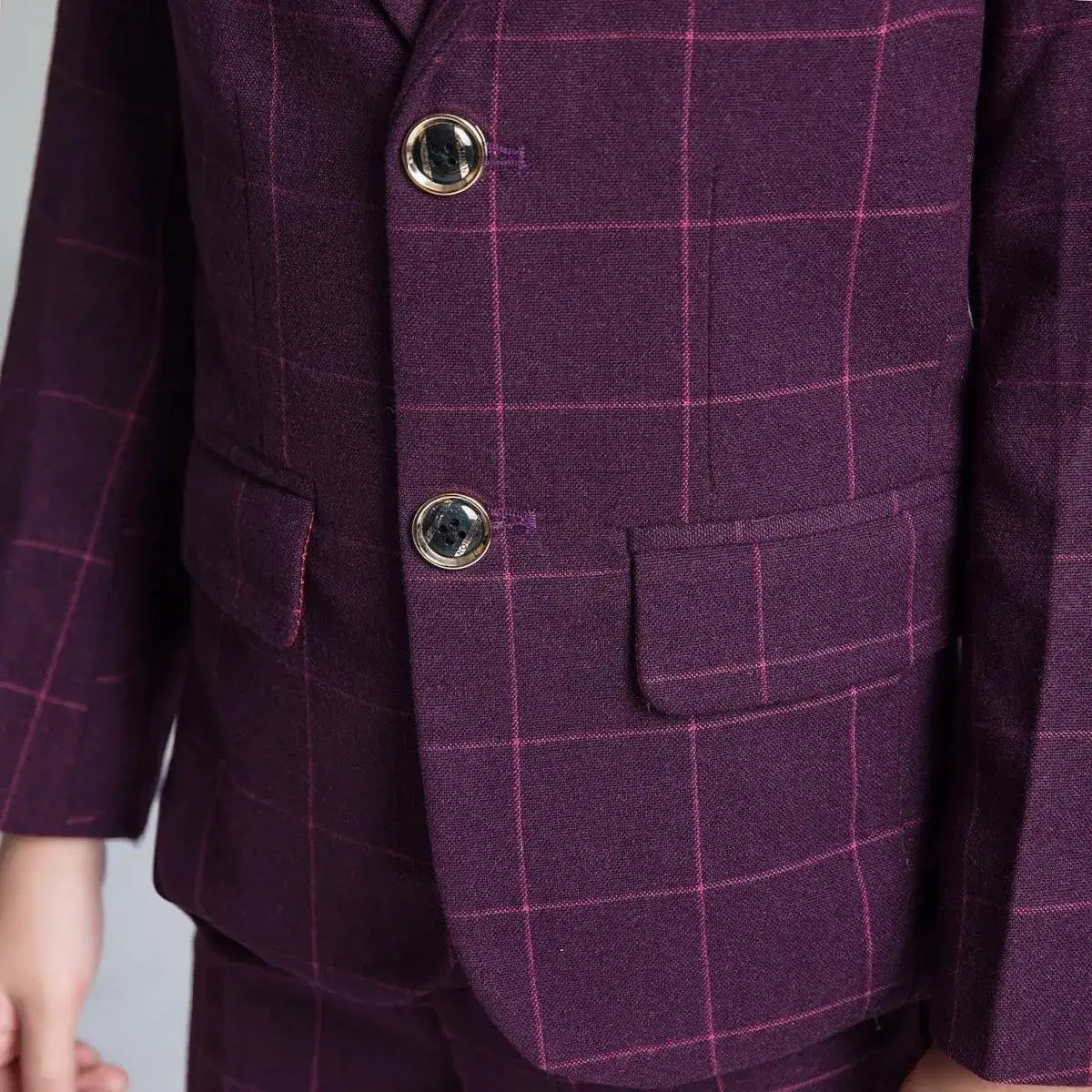 Boys' purple red plaid suit: Close-up of gold-trimmed buttons & checked fabric