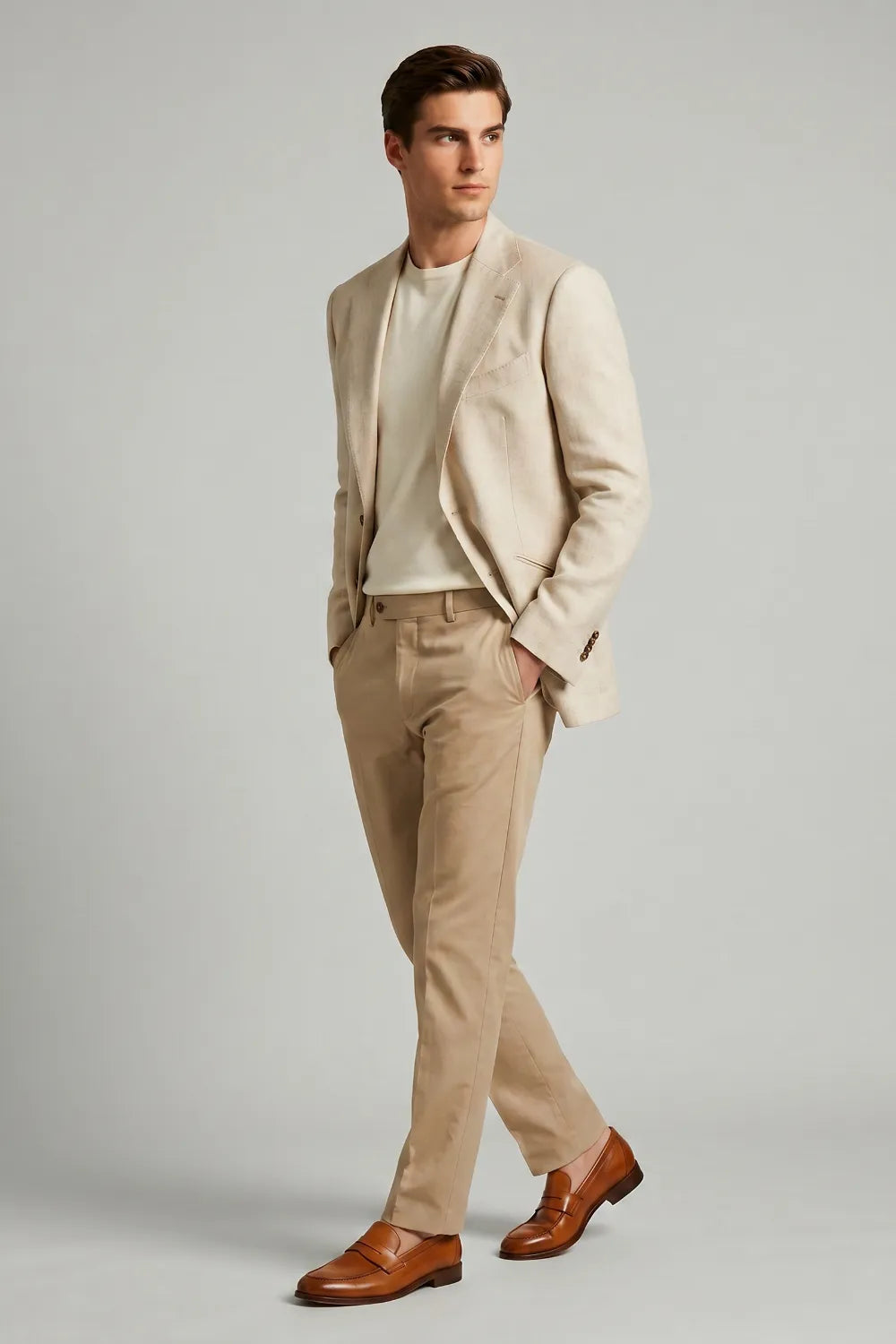 Men's Beige Wide Notch Lapel Linen Blend 2 Piece Suit