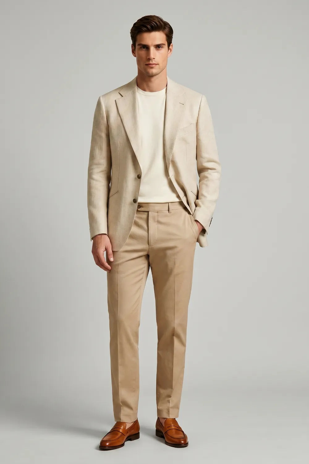 Men's Beige Wide Notch Lapel Linen Blend 2 Piece Suit