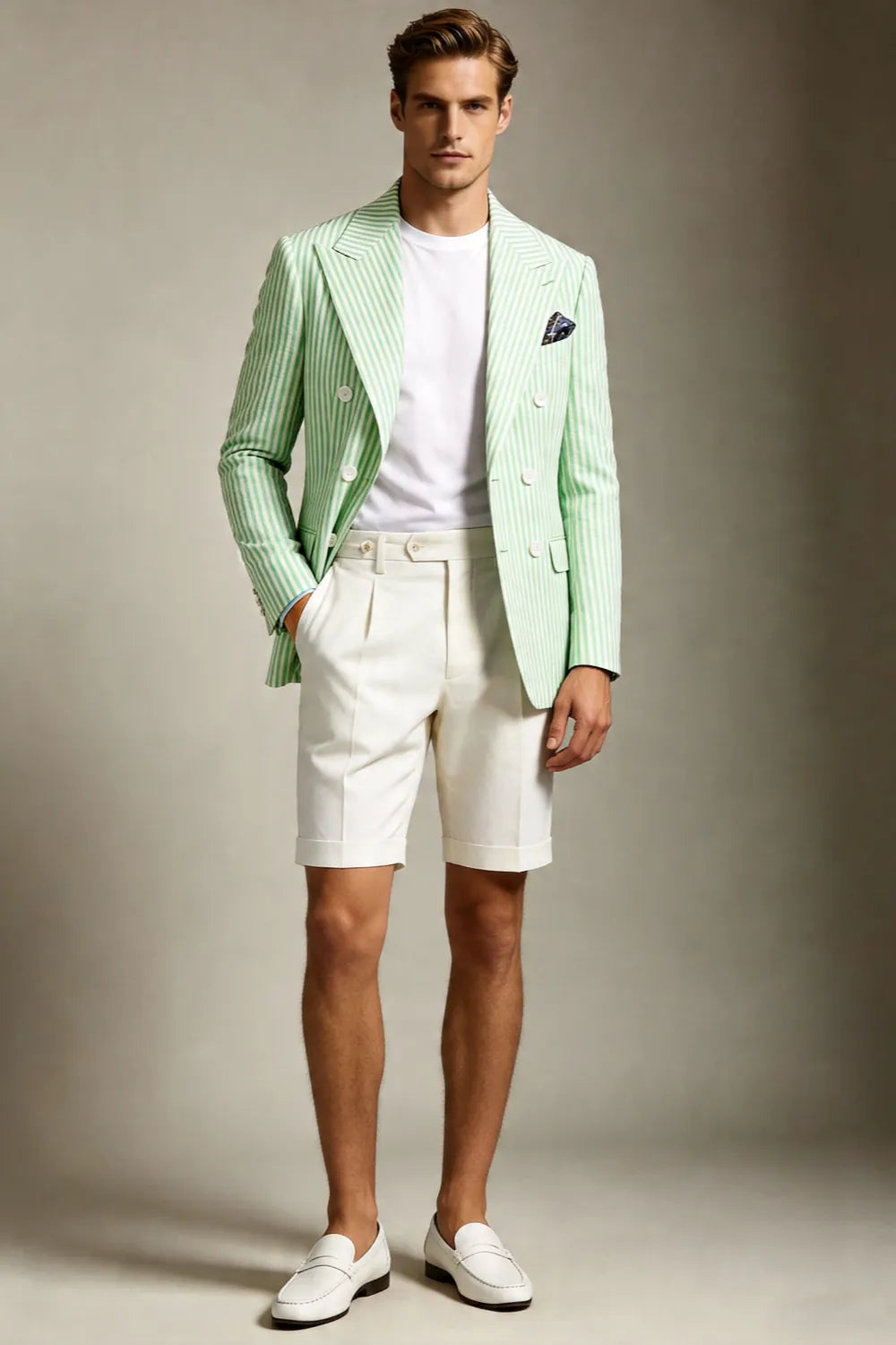 Men's Mint Green Seersucker Double Breasted 2 Piece Short Suit Set