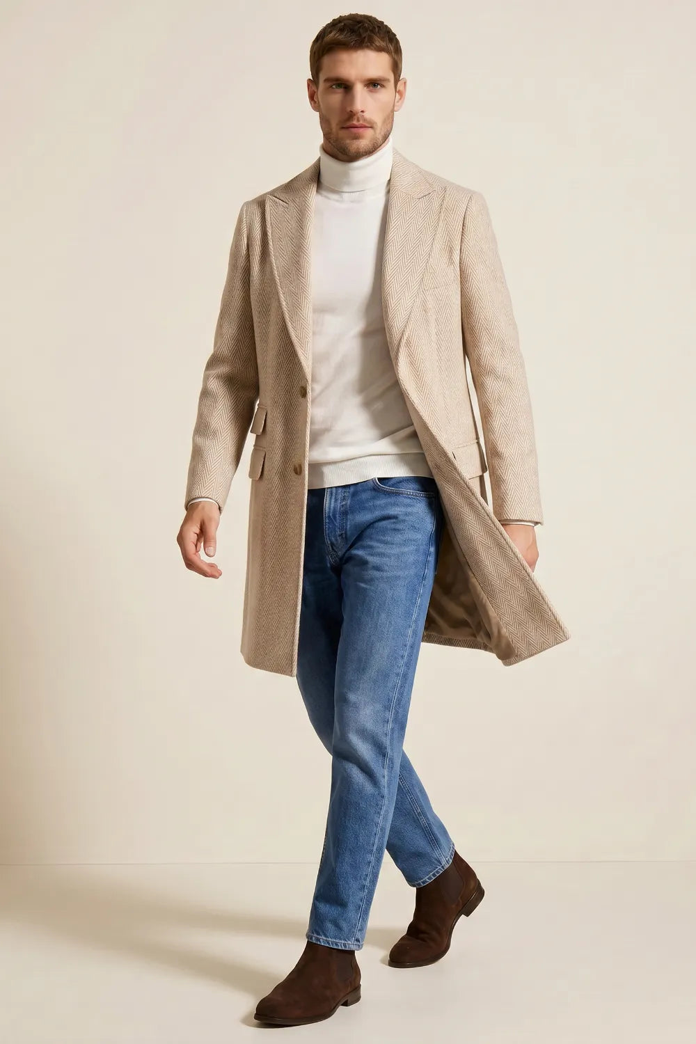 Men's Oatmeal Herringbone Wool Blend Overcoat