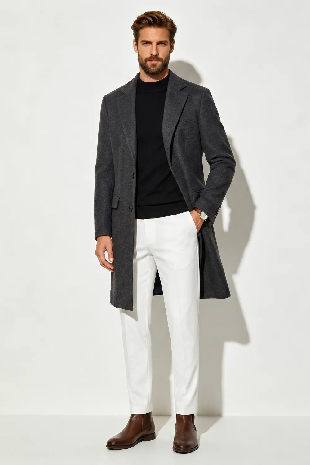 Men's Single-Breasted Longline Overcoat