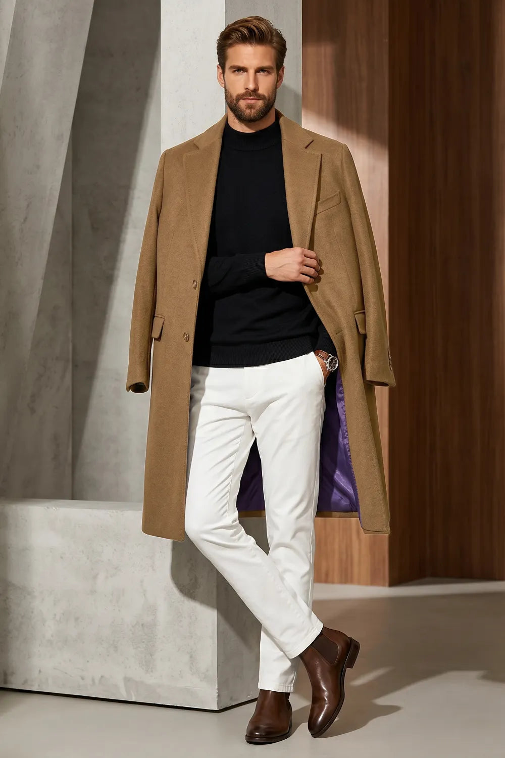 Men's Single-Breasted Longline Overcoat