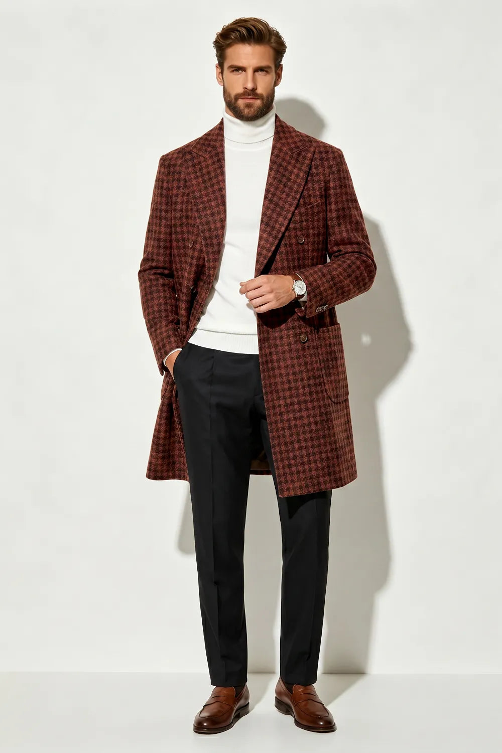 Men's Brown Double-Breasted City Overcoat