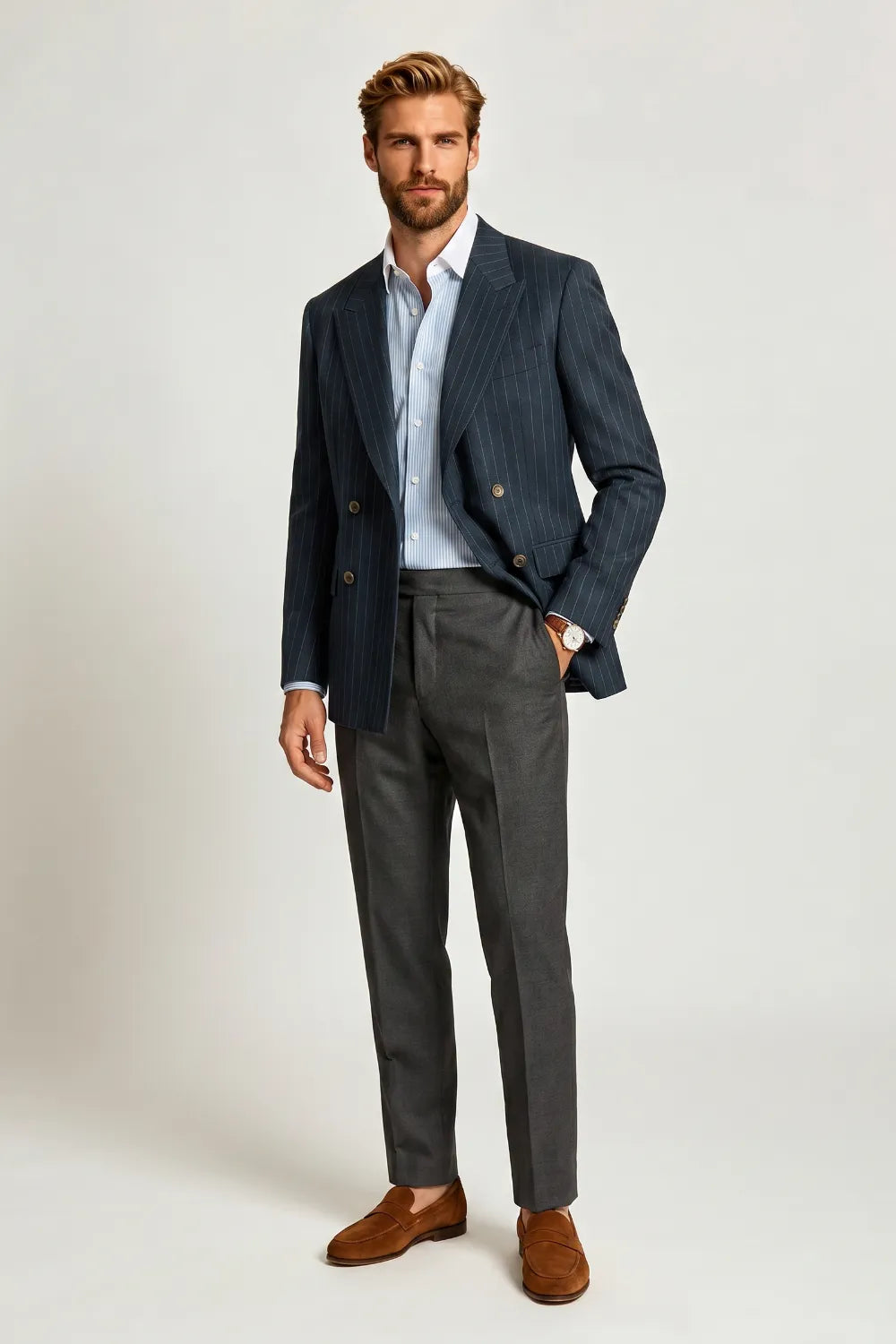 Men's Navy Pinstripe Double-Breasted 2 Piece Suit